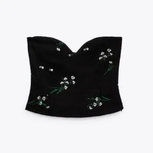 Floral Embroidered Black Strapless Top